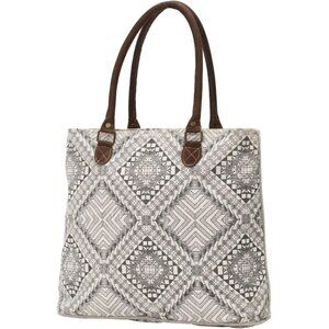 Myra Women's Artisan Upcycled Leather Canvas Tote Bag Beige Stylish Versatile Du